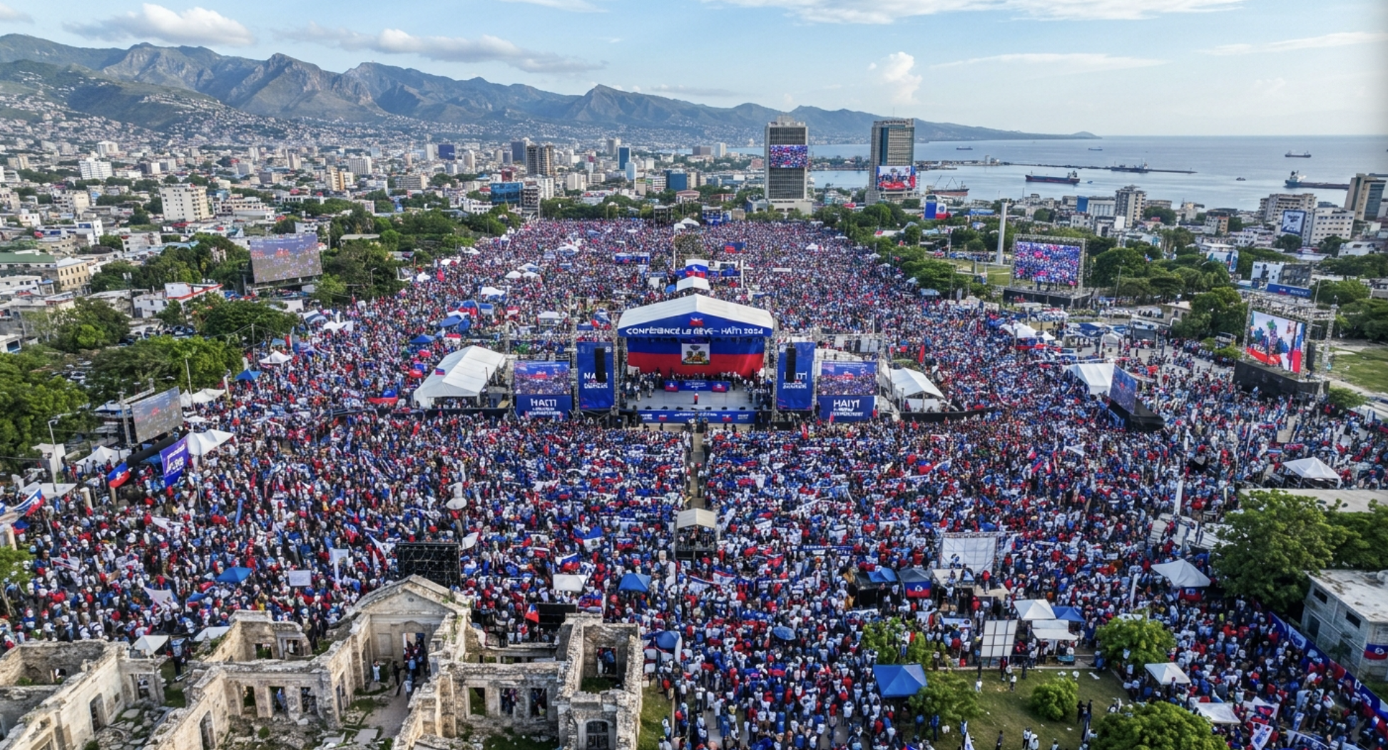 Aerial view of a large gathering with Haitian flags, mountains, and the coast in the distance