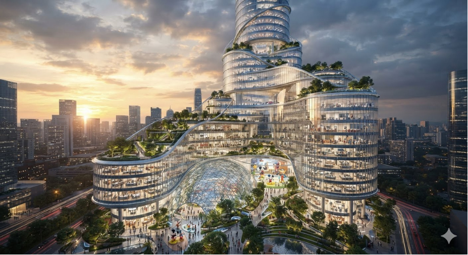 Architectural vision of an Imagination Station with curved glass towers, gardens, and community gathering spaces